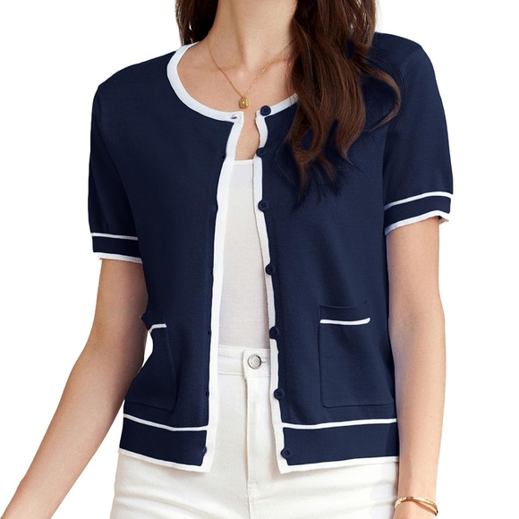 Navy Blue and White Short Sleeve Cardigan, Grace Karin, L - Picture 1 of 3